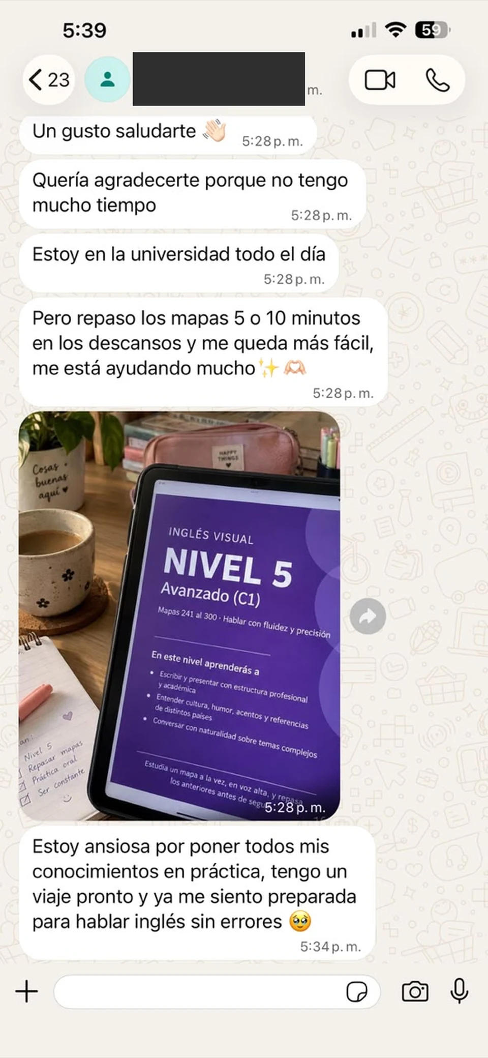 Opinión por WhatsApp sobre practicar el nivel C1 en los descansos; teléfono oculto