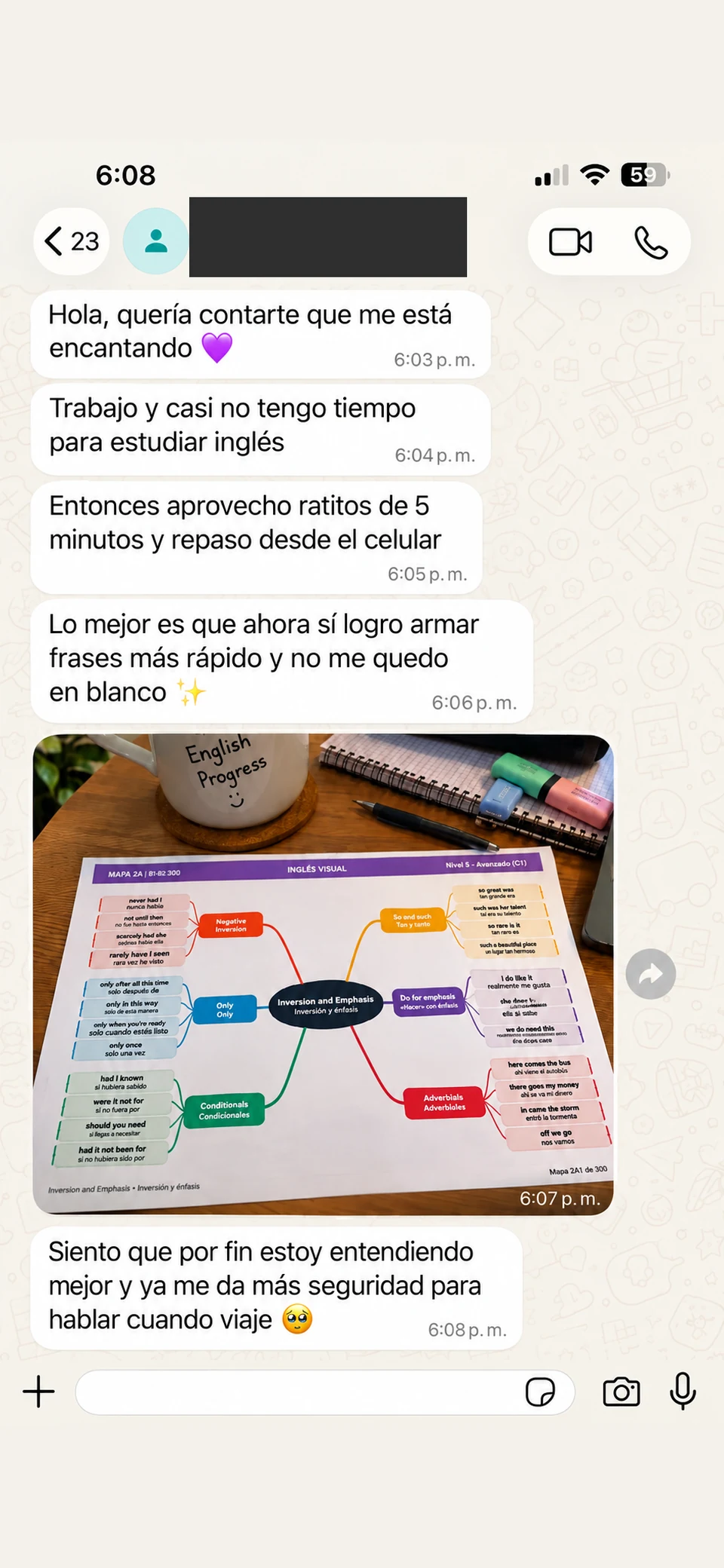 Opinión por WhatsApp sobre formar frases y ganar confianza; teléfono oculto