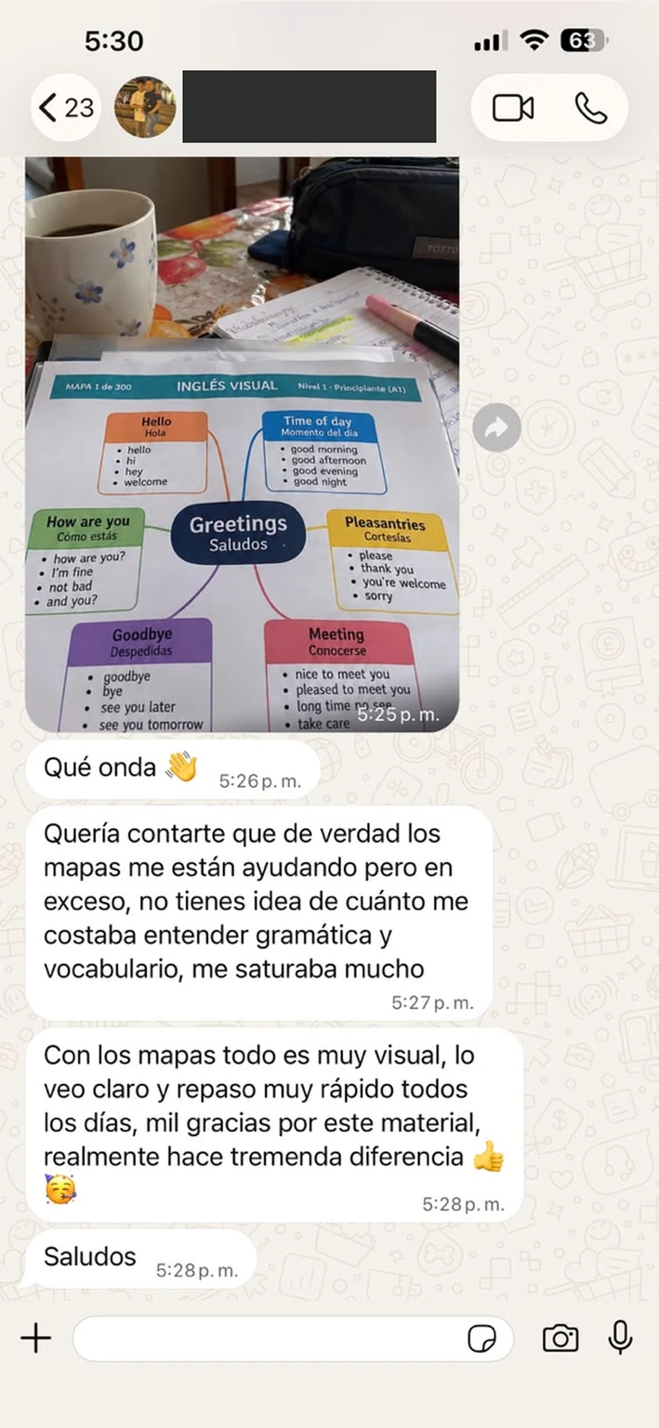 Opinión por WhatsApp sobre aprender vocabulario con el mapa de saludos; teléfono oculto