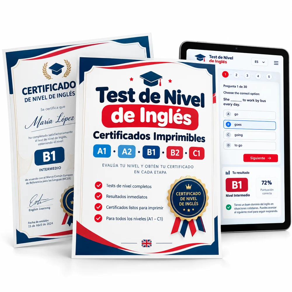 Test de nivel de inglés en tablet junto a un certificado de logro personal